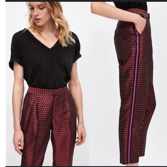 ZARA Jacquard Red Floral Print Pants SZ SM - Picture 1 of 13